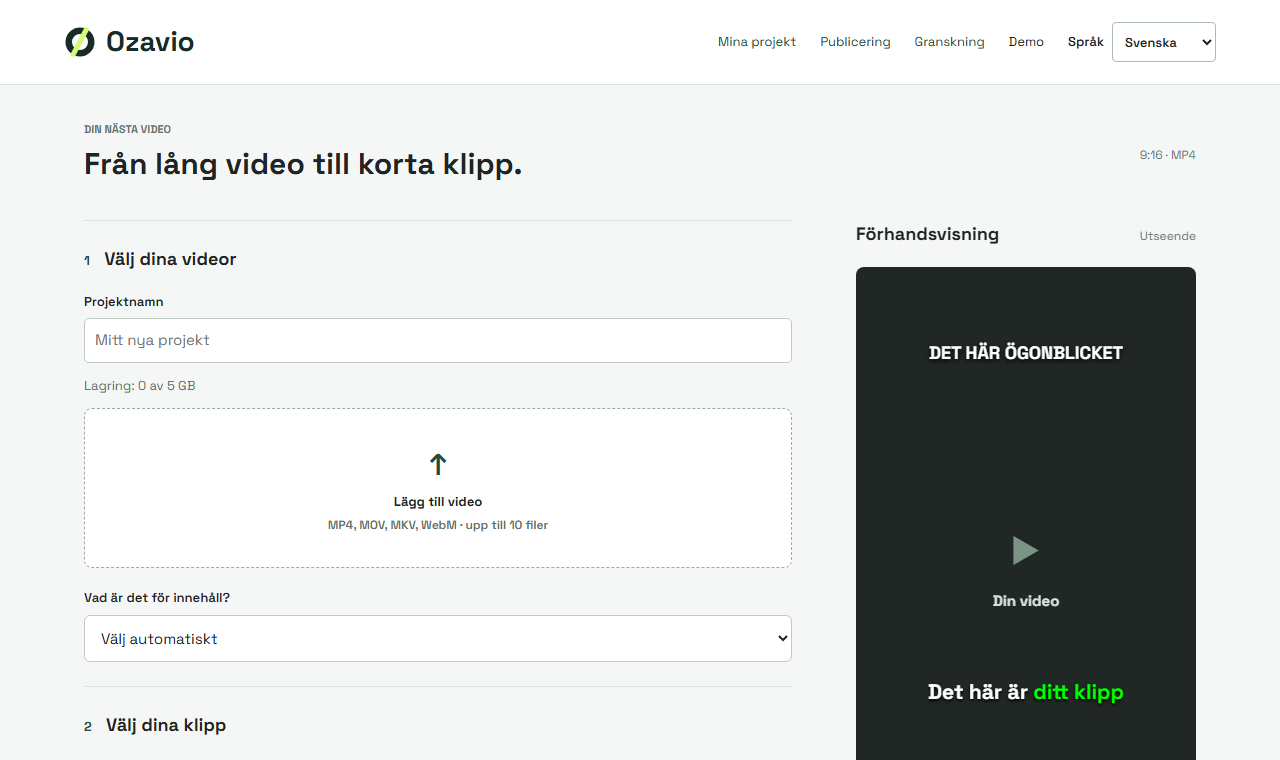 Ozavios studio med val av material, antal moments och undertextstil